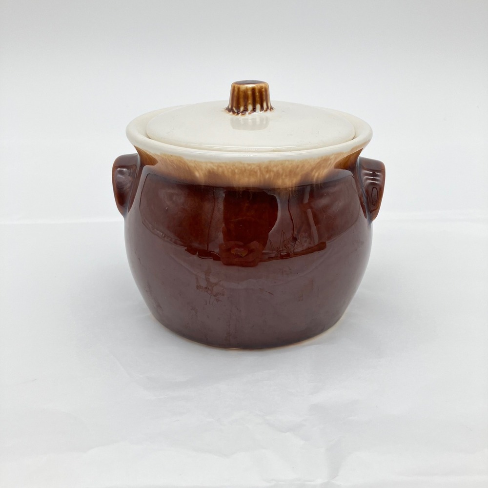 Vintage Oven Proof USA Bean Pot 3" Small Brown Drip Glaze Stoneware with Lid
